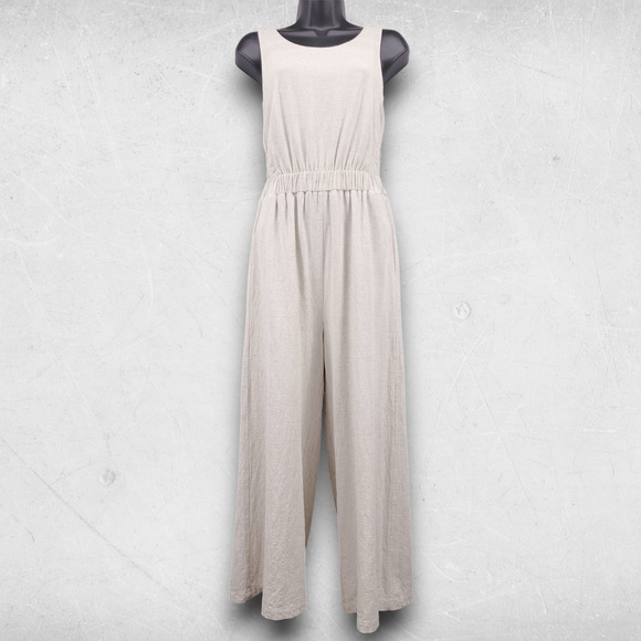 Hem & Thread Pant Jumpsuit Women M Beige Linen Blend Crossover Straps Boho 70s - Picture 1 of 12